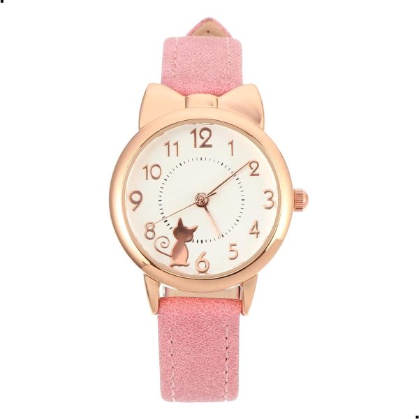 X spring Girls Watch, Quartz Girls Watches for Kids, Cute Waterproof Watches with Cartoon Cat Pattern, Girls Watches for Gift, Simple Movement Casual Leather Band Watches for Ladies Fashion Watches