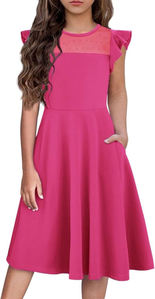 Flypigs Girls Dresses Summer Formal Party Wedding Ruffle Sleeve Mesh A Line Dress with Pockets