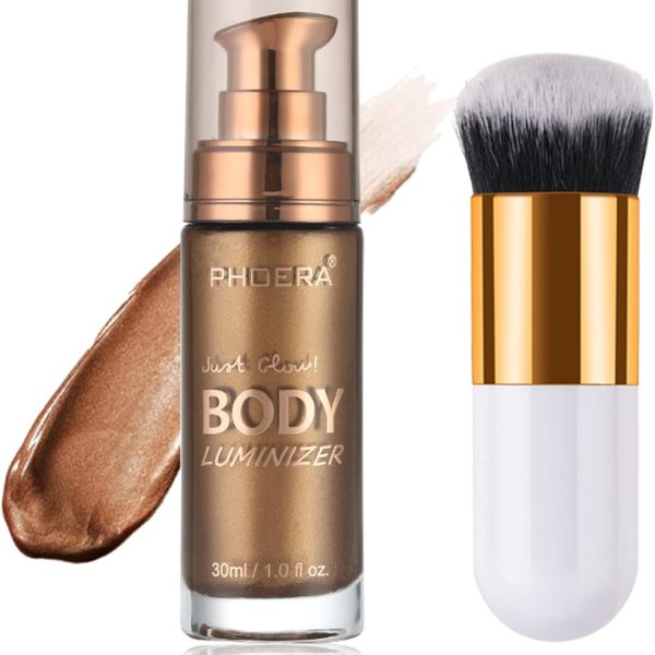 Lezero Body Shimmer Oil, Waterproof Long Lasting Moisturizing Body Luminizer Glow For Face, Liquid Illuminator Highlighter 1oz/Jars, Makeup Brush Include (Glistening Bronze #03)