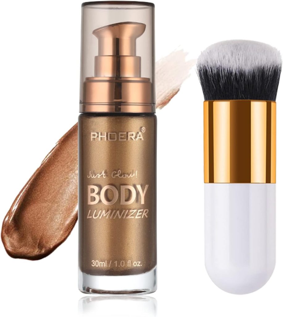 Lezero Body Shimmer Oil, Waterproof Long Lasting Moisturizing Body Luminizer Glow For Face, Liquid Illuminator Highlighter 1oz/Jars, Makeup Brush Include (Glistening Bronze #03)