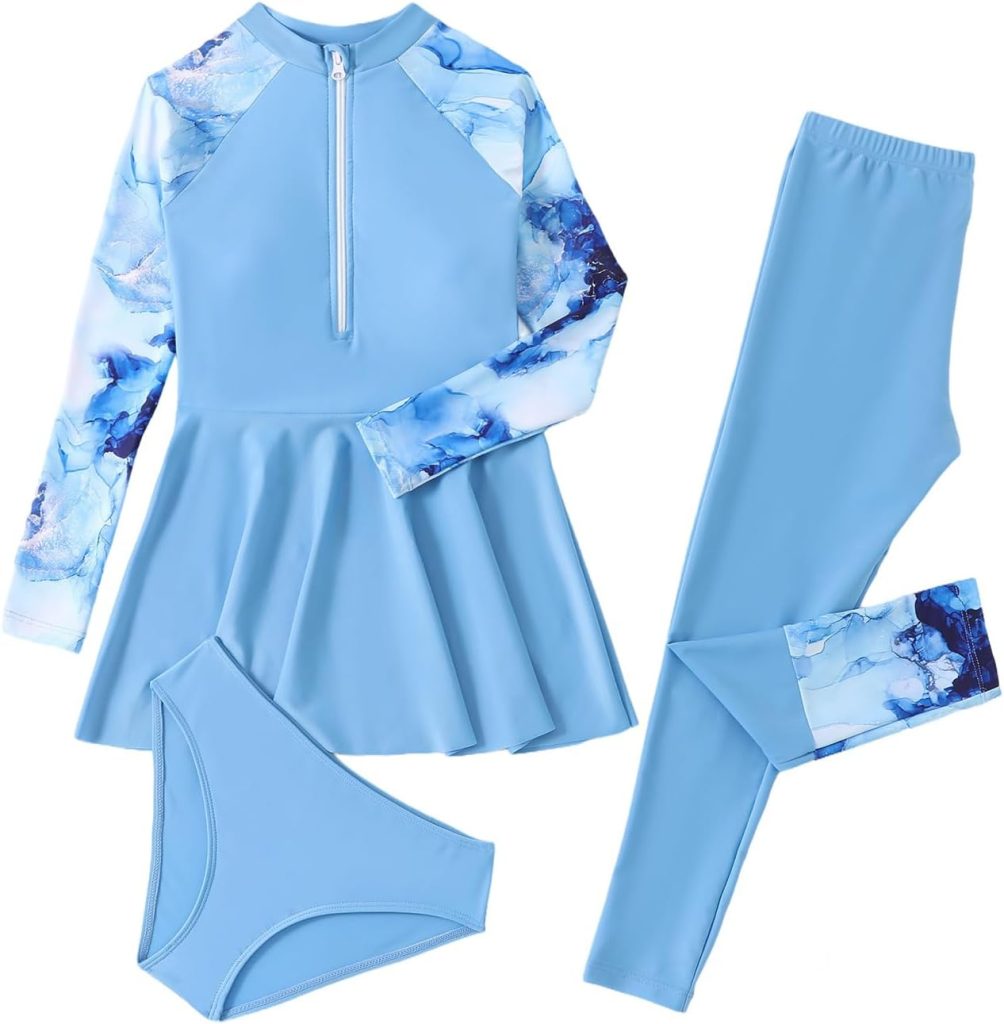 Maxmana Secret 3Pcs Girls Long Sleeve Swimsuit Bathing Suit Modest Muslim Swimsuit Set Rash Guard Swimwear Full Coverage Swimwear
