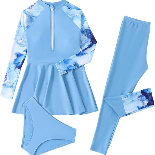 Maxmana Secret 3Pcs Girls Long Sleeve Swimsuit Bathing Suit Modest Muslim Swimsuit Set Rash Guard Swimwear Full Coverage Swimwear