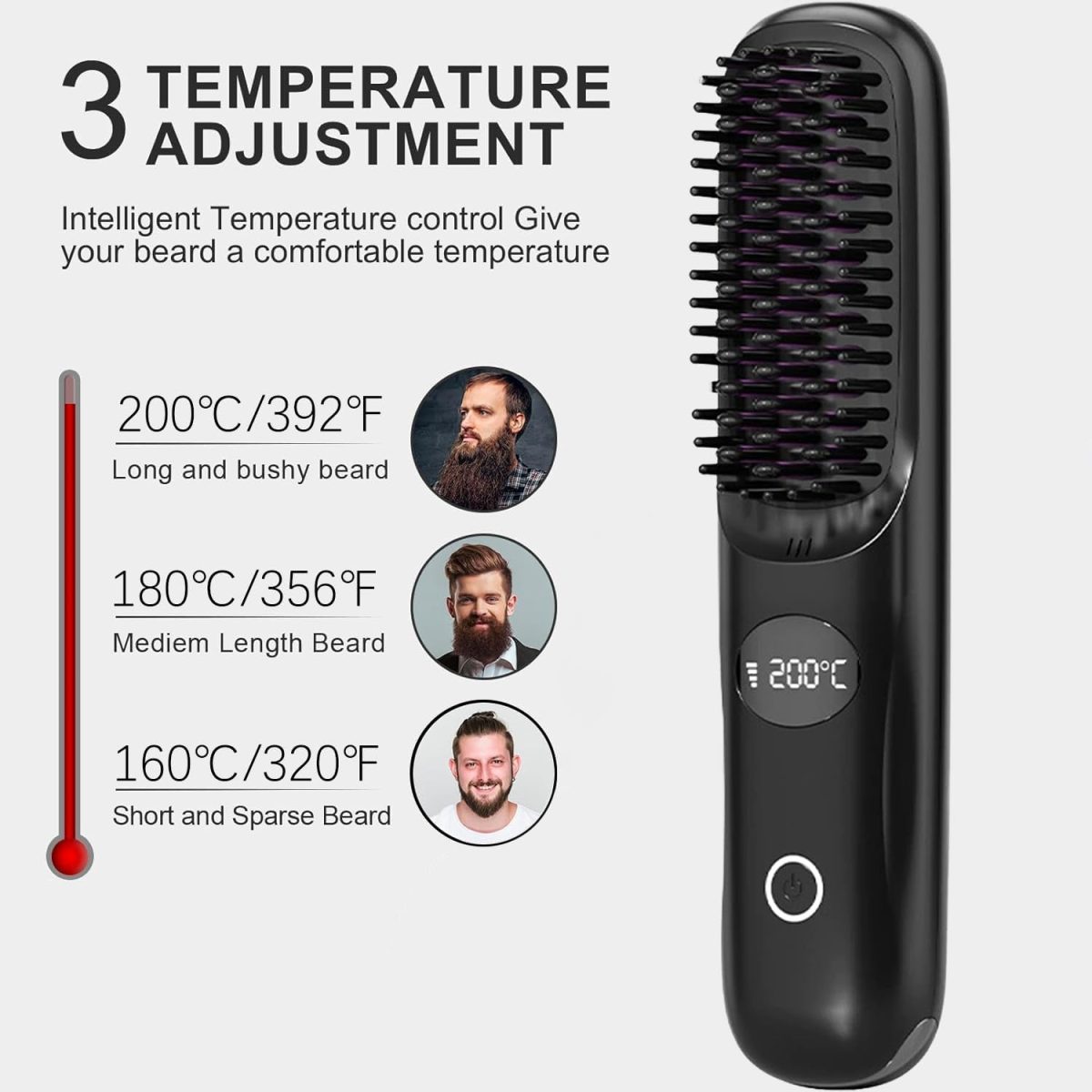 ⁦Beard Straightener for Men, Anti-Scald Heated Beard Brush, Portable Cordless Hair Straightener, Electric Hot Comb 3 Temp Settings, Ionic Mini Straightener for Home and Travel⁩ - الصورة ⁦2⁩