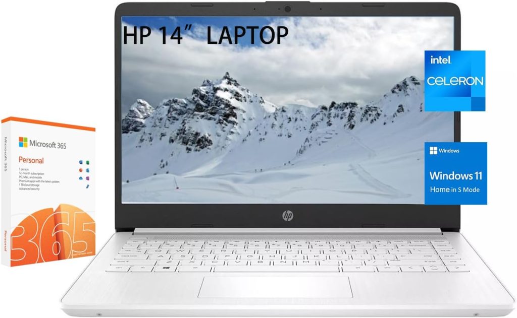 HP Stream 14 Inch Laptop for Student，Intel Celeron N4120,8GB RAM,64GB eMMC,1TB Cloud Storage, Free AI-Powered Microsoft 365,720p Webcam,Windows 11 S,Long Battery Life,with 5ave Accessories,White
