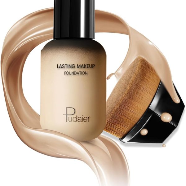 L&Wen Foundation Liquid with Magic Traceless Makeup Brush, Natural Lightweight Base Makeup Gift Set, Long Lasting, Moisturizing Nourishing, Cover Blemishes, Hide Pores 2WL