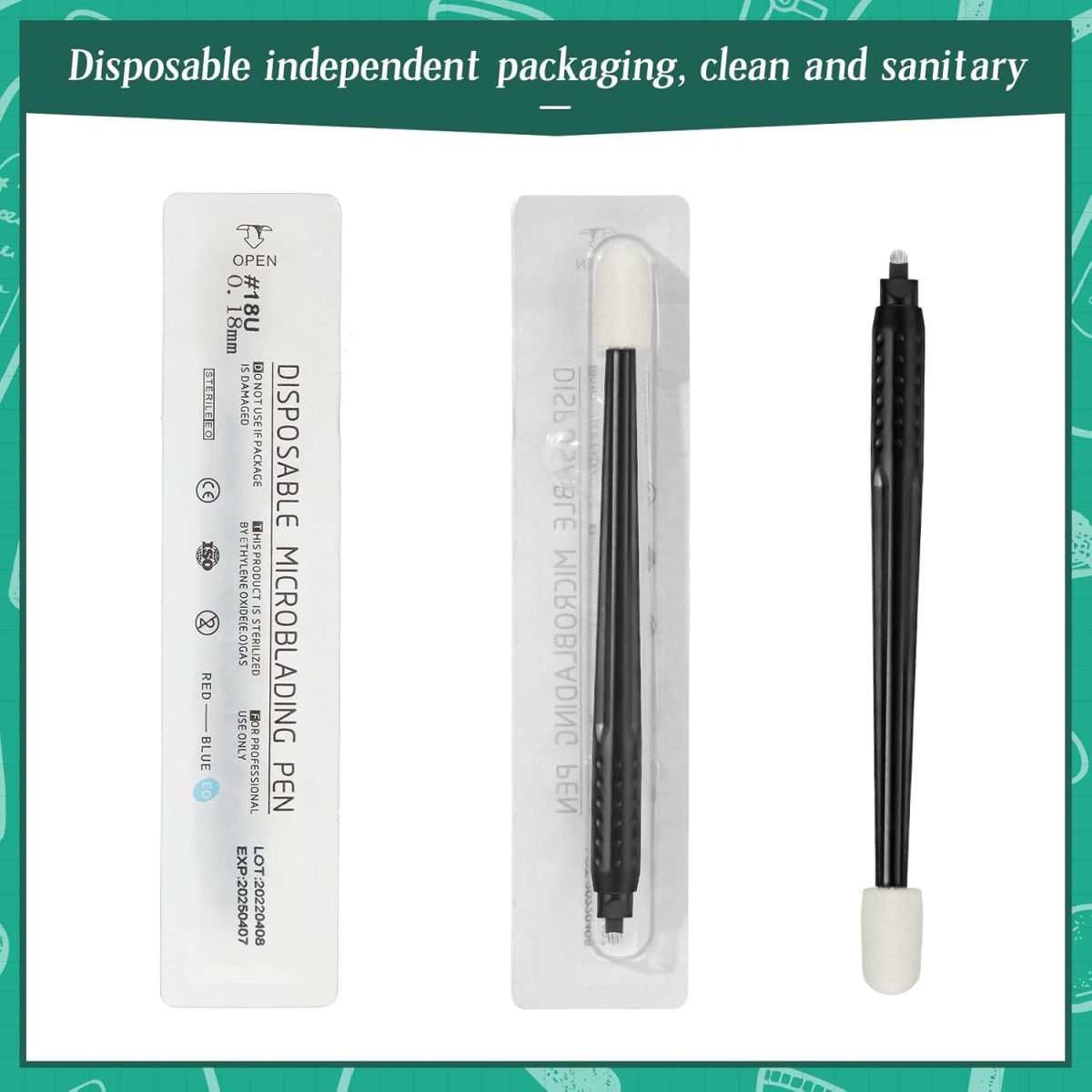 ⁦CHENGU 12 Pcs Microblading Manual Pen U18 18mm Disposable Microblading Pen with Pigment Sponge Eyebrow Microblading Hand Tools for Makeup, Black⁩ - الصورة ⁦7⁩