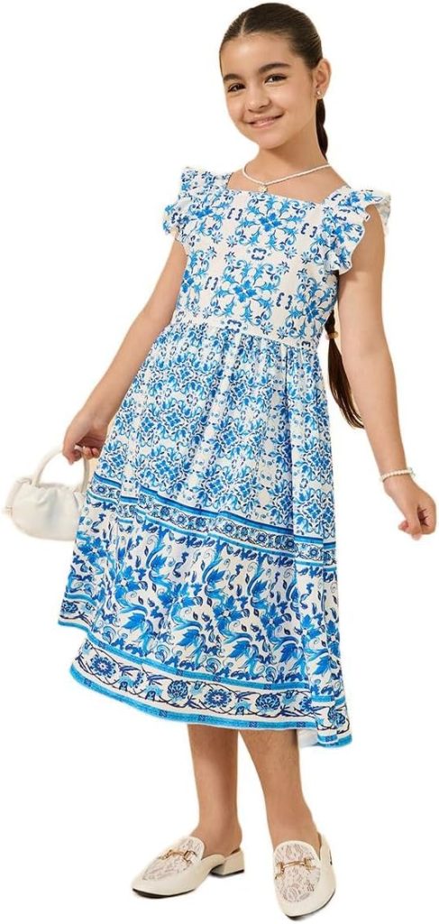 Styli Girls All Over Print Ruffled Sleeves Dress