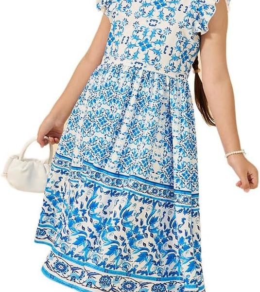 Styli Girls All Over Print Ruffled Sleeves Dress