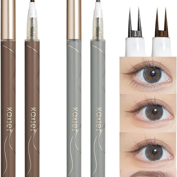 Excefore 2 Pack Dual-Tip Eye Liner, 3 In 1 Long Lasting Waterproof Eyebrow Pencil, Professional Makeup Liquid Eye Liner Pencil for Women (Gray & Brown)