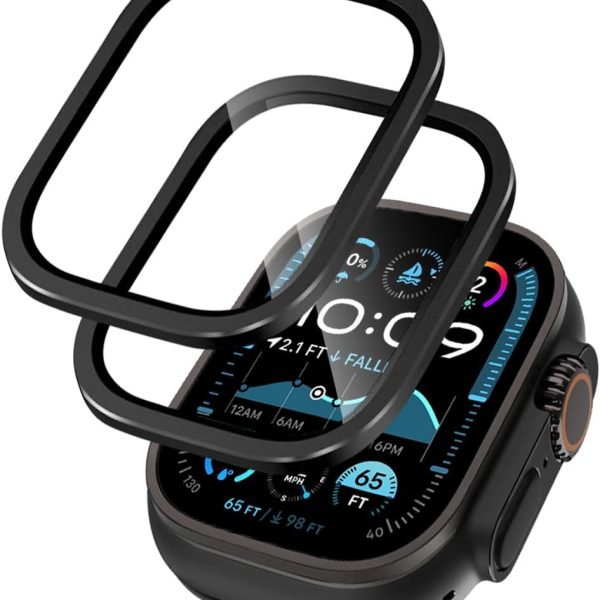 T Tersely [2 Pack] Tempered-Glass Protector with Stainless-Steel Frame for Apple Watch Ultra 2/1 (2024 2023 2022), Metal Full Cover Protection- Black