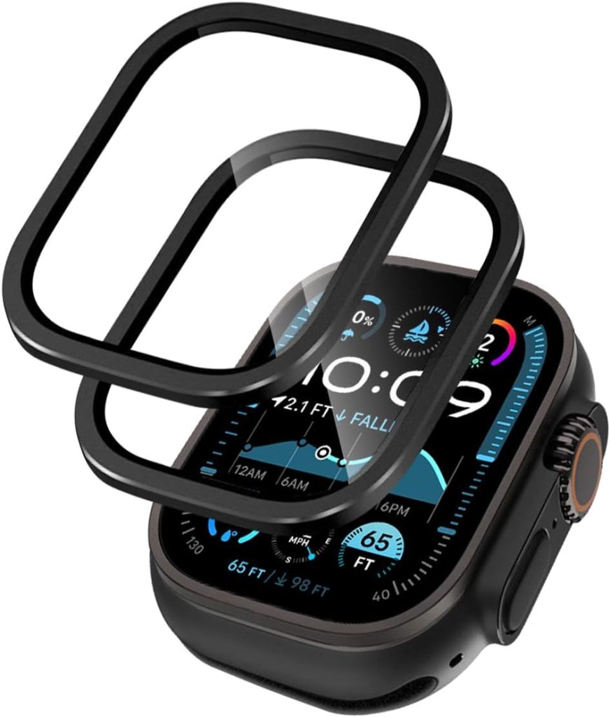 T Tersely [2 Pack] Tempered-Glass Protector with Stainless-Steel Frame for Apple Watch Ultra 2/1 (2024 2023 2022), Metal Full Cover Protection- Black