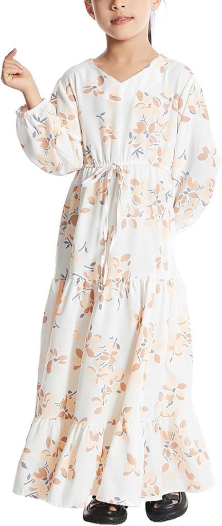 Azonee Toddler Girls' Floral Long Sleeve Dress, Soft Cotton Blend Play Dress, Comfortable & Cute for Parties, Photoshoots, Holidays for Flower Girls (130cm)