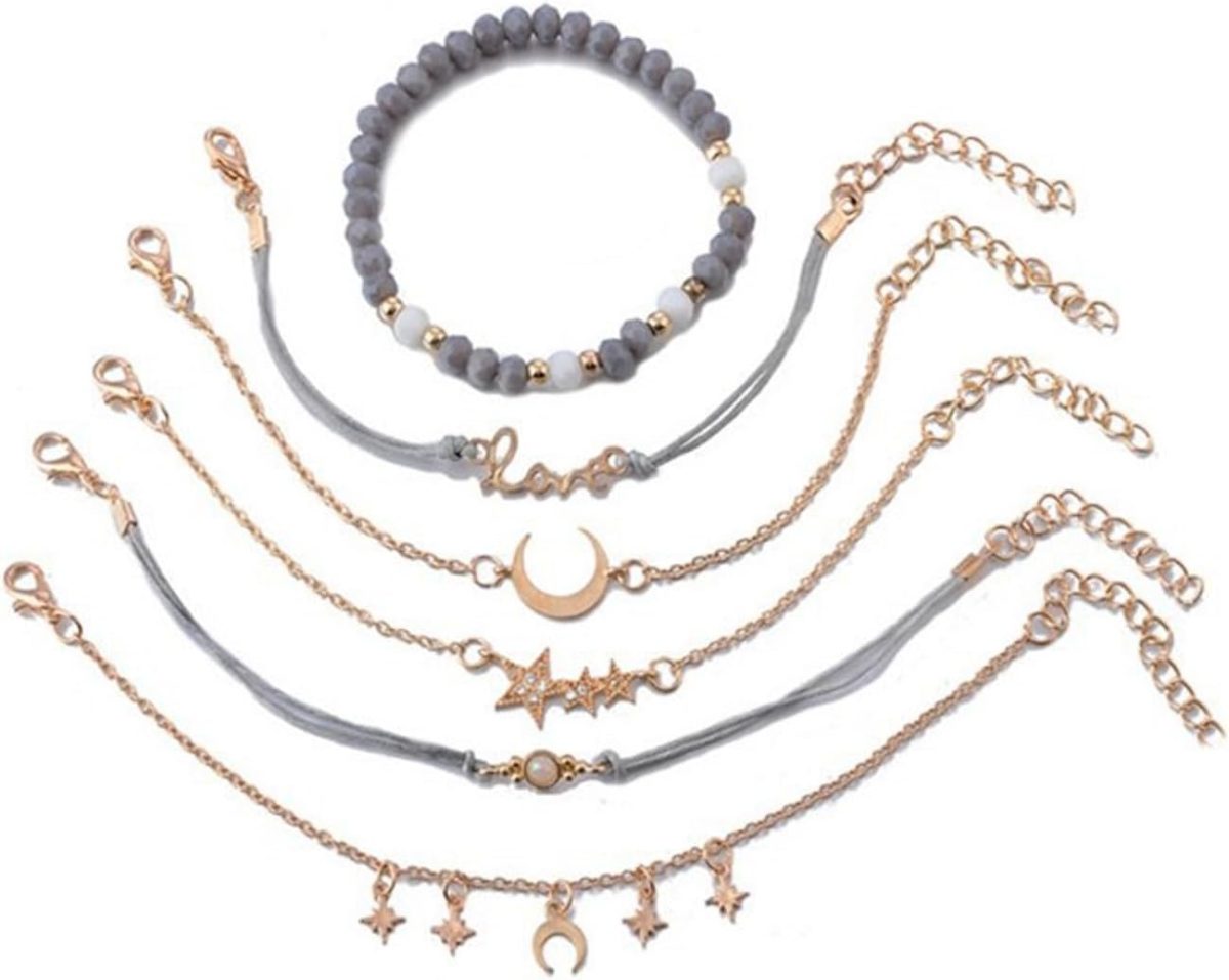 Tazweeq Bohemian Rope Bracelet, 6 Pcs Beaded Bracelets for Women, Adjustable Pendent Stack Bracelets, Women's Fashion Golden Moon Hand Catalytic Star Heart Bracelet Pearl Bracelet Jewelry Girls