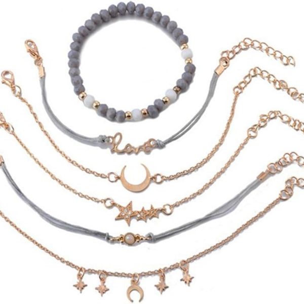 Tazweeq Bohemian Rope Bracelet, 6 Pcs Beaded Bracelets for Women, Adjustable Pendent Stack Bracelets, Women's Fashion Golden Moon Hand Catalytic Star Heart Bracelet Pearl Bracelet Jewelry Girls
