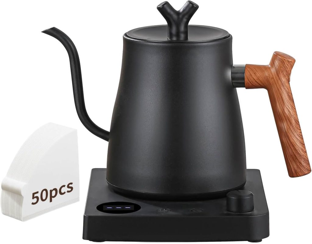 DELARLOCHEF Smart V60 Electric Gooseneck Kettle, 40-100℃ Adjustable Temp Control, 36Hour Heat Retention, 304 Stainless Steel, 1000W Fast Boil 1L, Anti-Dry, 50 Coffee Filters Gift, Black Wood Handle