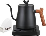 DELARLOCHEF Smart V60 Electric Gooseneck Kettle, 40-100℃ Adjustable Temp Control, 36Hour Heat Retention, 304 Stainless Steel, 1000W Fast Boil 1L, Anti-Dry, 50 Coffee Filters Gift, Black Wood Handle
