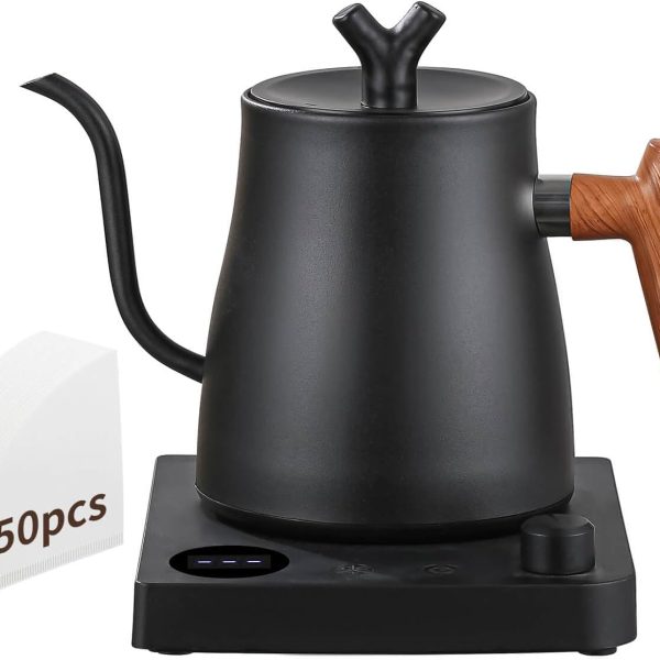DELARLOCHEF Smart V60 Electric Gooseneck Kettle, 40-100℃ Adjustable Temp Control, 36Hour Heat Retention, 304 Stainless Steel, 1000W Fast Boil 1L, Anti-Dry, 50 Coffee Filters Gift, Black Wood Handle