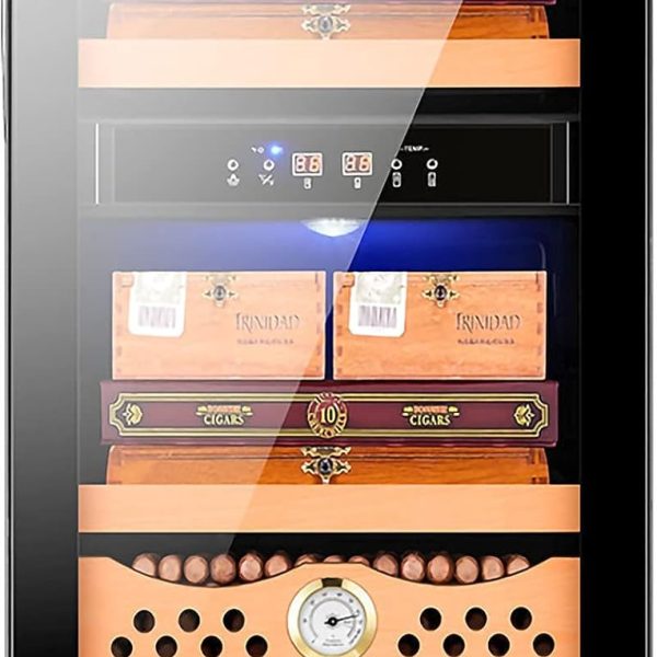 Freestanding cigar humidor Cigar Cooler/Cabinet Black Cigar Humidor Front Glass Door Counter Quiet Operation Compressor Adjust Temperature Wauyan