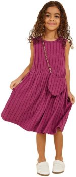 Styli Girls Ribbed Knit Sleeveless A-Line Dress With Bag