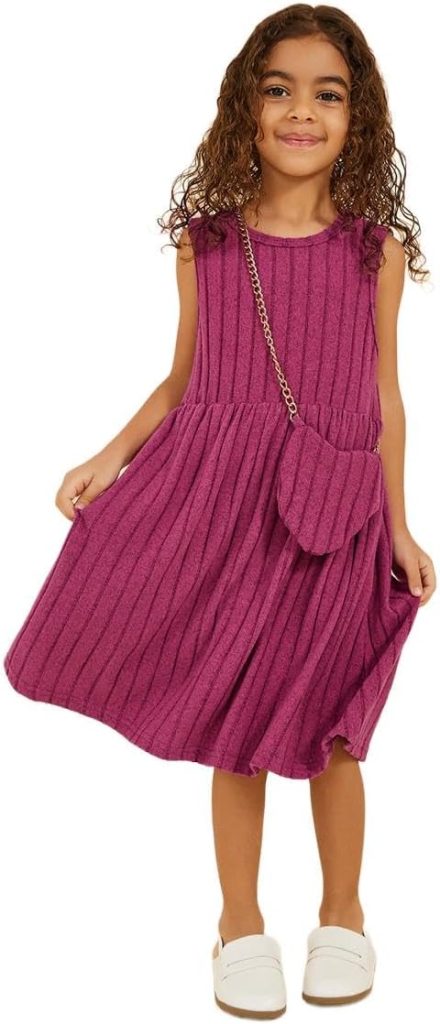 Styli Girls Ribbed Knit Sleeveless A-Line Dress With Bag