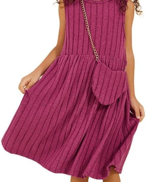 Styli Girls Ribbed Knit Sleeveless A-Line Dress With Bag