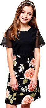 XULINOVA girl dress, cotton like stretch jersey top & 4 way stretch fabric skirt, flower Print, 1 set For Ages 8-12Y,summer, daily, casual, holiday