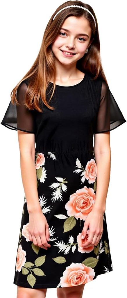 XULINOVA girl dress, cotton like stretch jersey top & 4 way stretch fabric skirt, flower Print, 1 set For Ages 8-12Y,summer, daily, casual, holiday