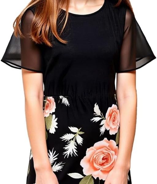 XULINOVA girl dress, cotton like stretch jersey top & 4 way stretch fabric skirt, flower Print, 1 set For Ages 8-12Y,summer, daily, casual, holiday