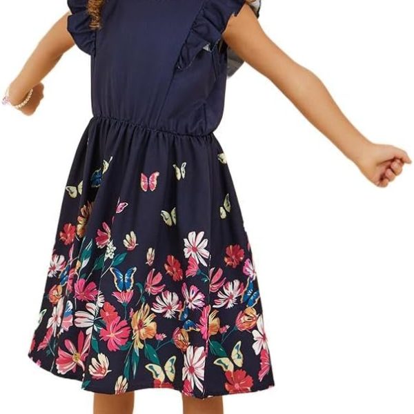 Styli Girls Placement Print Ruffled Sleeve Dress
