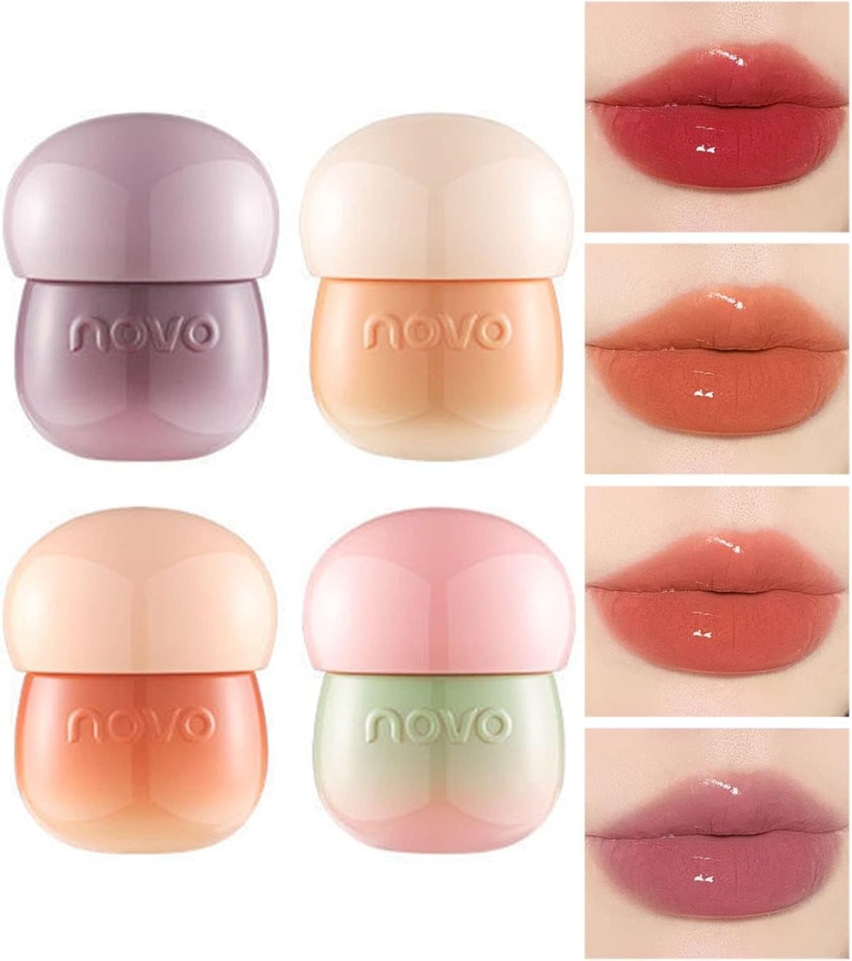 4Pcs Tinted Mushroom Lip Gloss, Long Lasting Jelly Lip Tint Hydrating,Jelly Texture Moisturising Acorn Lip Baim,Moisturise and Lighten Lip Lines,Easy to Carry
