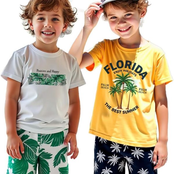 Xulinova 2 pack boys summer outfit set, dinosaur & car print t-shirts and shorts, 4pcs breathable clothes for 4–7Y, طقم العيد للأولاد, طقم ديناصور أولاد, ملابس أولاد صيفية, ملابس أطفال