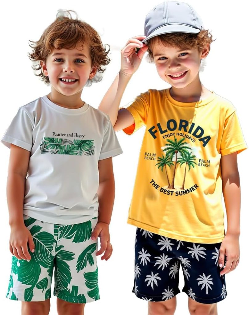 Xulinova 2 pack boys summer outfit set, dinosaur & car print t-shirts and shorts, 4pcs breathable clothes for 4–7Y, طقم العيد للأولاد, طقم ديناصور أولاد, ملابس أولاد صيفية, ملابس أطفال