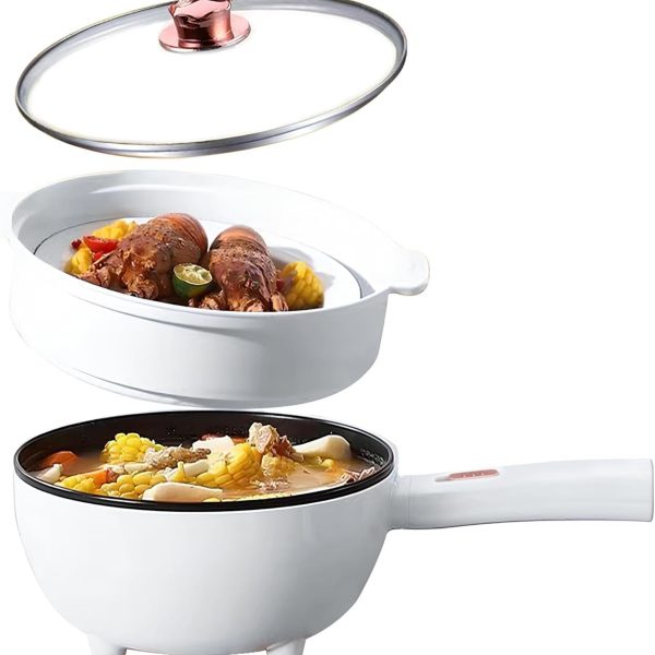 YESMAX Electric Cooker 3 Litre Hot Pot with Steamer, Non-Stick Frying Pan, Portable Travel Cooker for Ramen/Steak/Fried Rice/Oatmeal/Soup