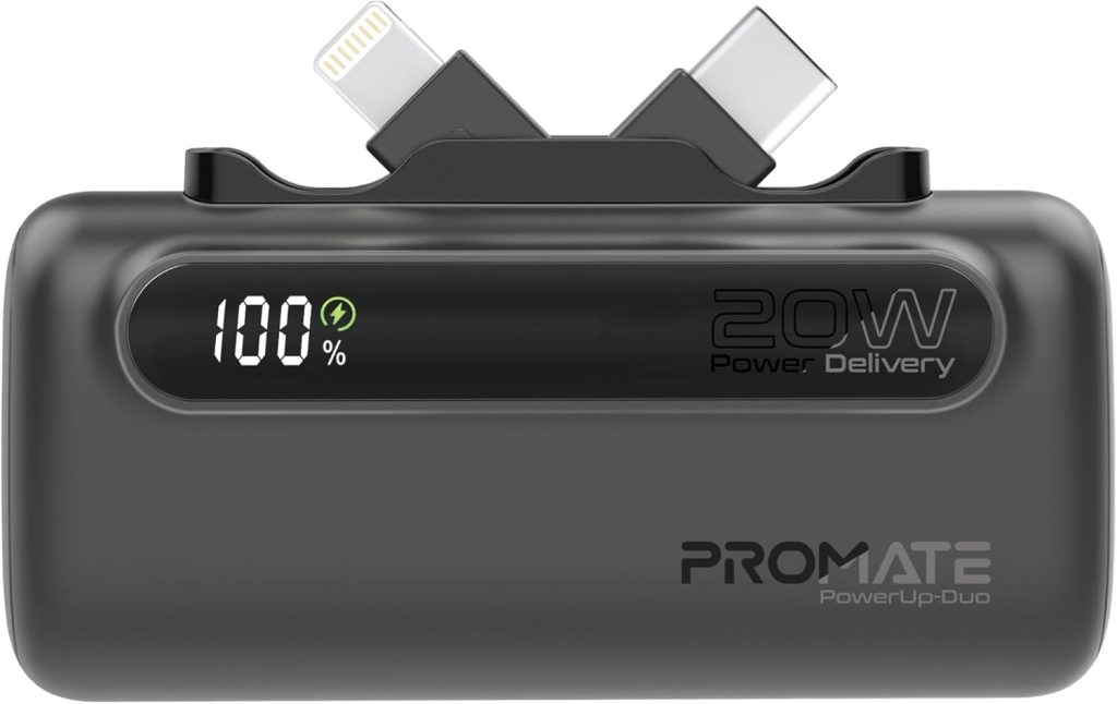 Promate Mini Power Bank, 5000mAh with 20W USB-C™ In/Out Foldable Connector, 12W Lightning Foldable Connector, LED Display, PowerUp-Duo (Black)