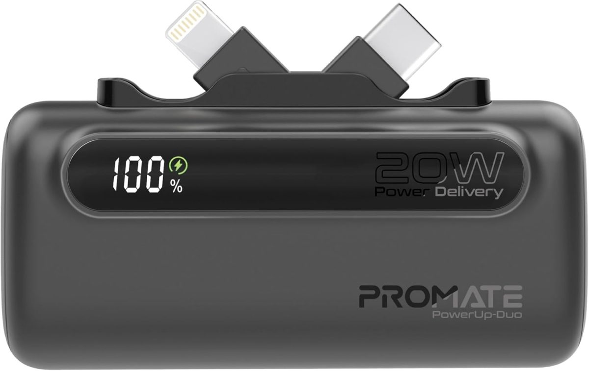 Promate Mini Power Bank, 5000mAh with 20W USB-C™ In/Out Foldable Connector, 12W Lightning Foldable Connector, LED Display, PowerUp-Duo (Black)