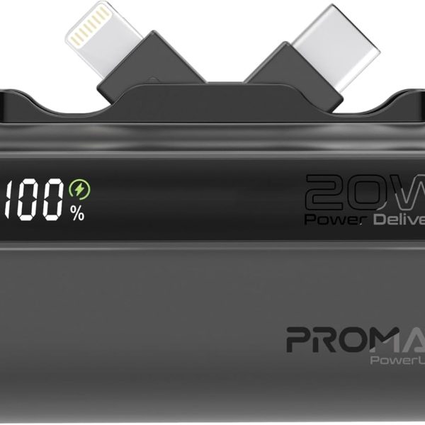 Promate Mini Power Bank, 5000mAh with 20W USB-C™ In/Out Foldable Connector, 12W Lightning Foldable Connector, LED Display, PowerUp-Duo (Black)