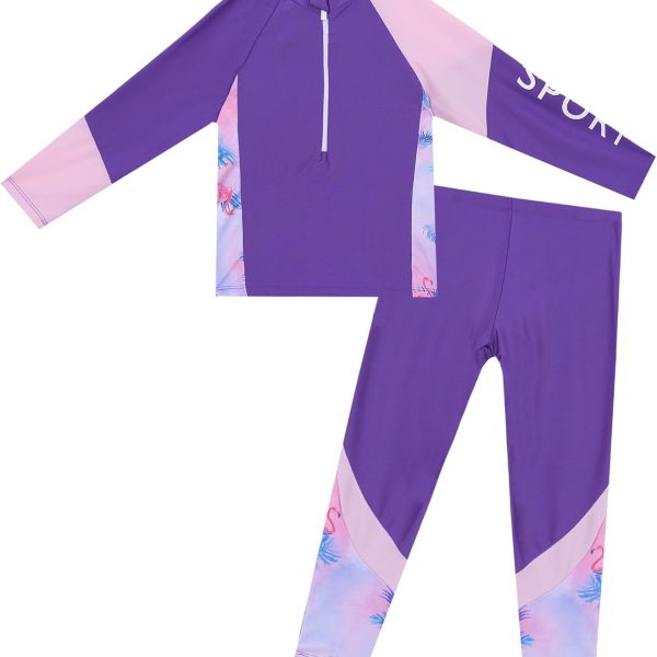 SEAUR Girls Long Sleeve Pants Sports 2 Pieces Swimwear Longsleeve Swimsuit Summer Print Warm Sun Protection Sunsuit Upf 50+ Children Swimming Costume