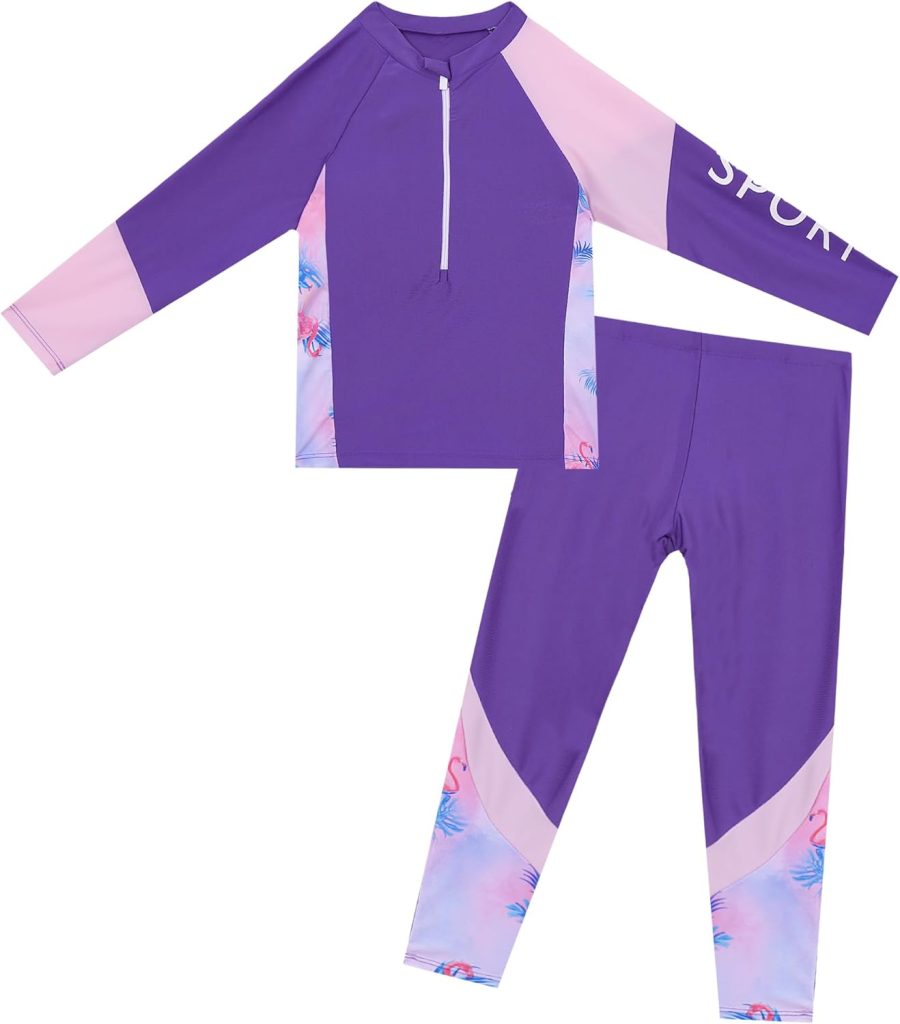 SEAUR Girls Long Sleeve Pants Sports 2 Pieces Swimwear Longsleeve Swimsuit Summer Print Warm Sun Protection Sunsuit Upf 50+ Children Swimming Costume