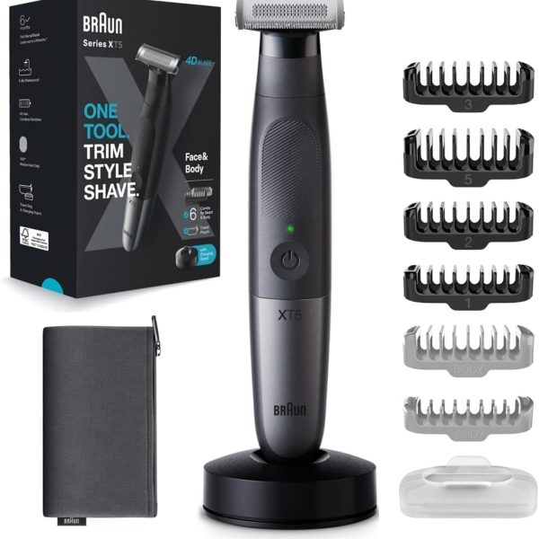 Braun Series X Electric Hybrid Trimmer for Men, Face & Body, with 6 Combs, Innovative 4D Blade, Beard Trimmer and Body Shaver, Skinshield, Two-Way Clog, Flexible Head