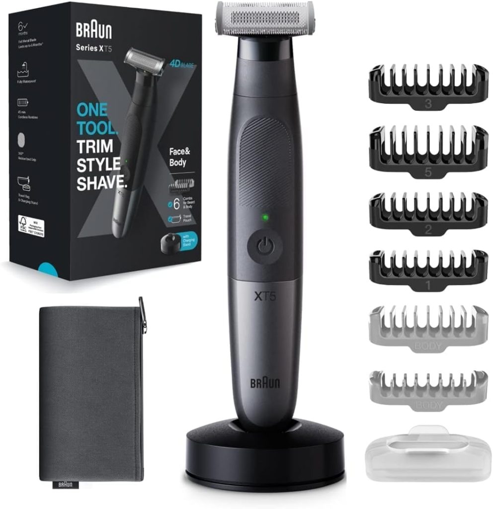 Braun Series X Electric Hybrid Trimmer for Men, Face & Body, with 6 Combs, Innovative 4D Blade, Beard Trimmer and Body Shaver, Skinshield, Two-Way Clog, Flexible Head