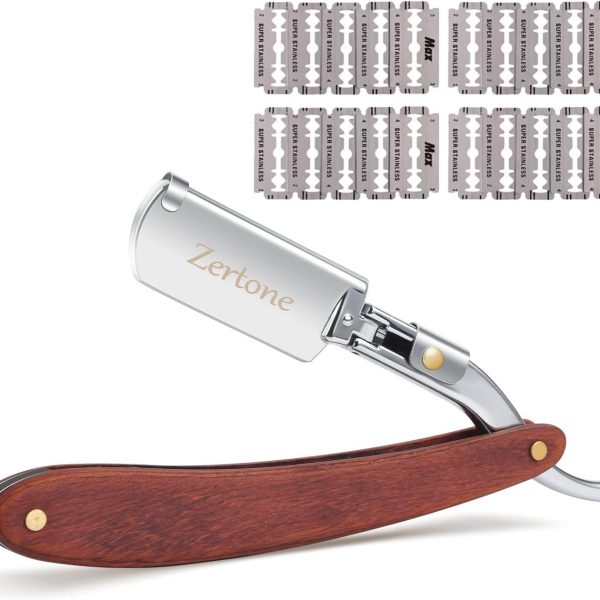 Zertone Straight Razors for Men Natural Wood Scale with 20 Double Edge Blades - Professional and Close Shaving Straight Edge Razor- Manual Shaver, Barber Razor Blade (Aluminum)