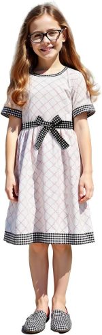 Xulinova girls' fashion plaid A-line dress with bow belt, short sleeves, breathable stretch fabric, size 8–12Y, فساتين بنات للعيد, فستان بناتي محتشم, ملابس اطفال بنات, فستان اطفال