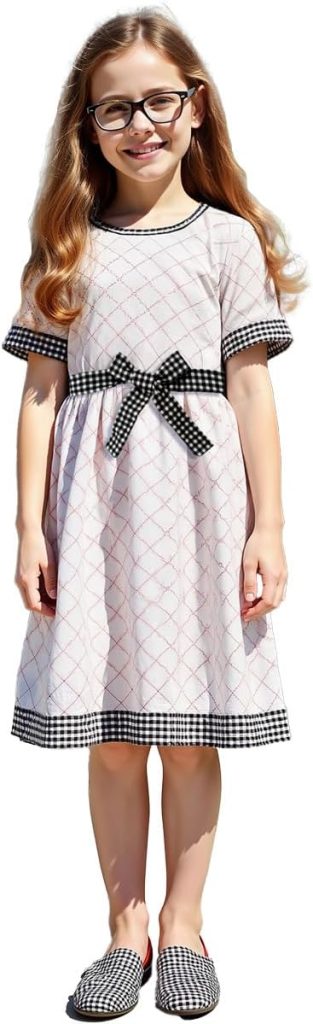 Xulinova girls' fashion plaid A-line dress with bow belt, short sleeves, breathable stretch fabric, size 8–12Y, فساتين بنات للعيد, فستان بناتي محتشم, ملابس اطفال بنات, فستان اطفال
