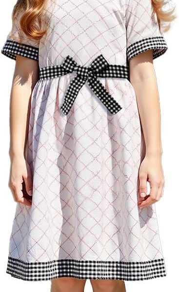 Xulinova girls' fashion plaid A-line dress with bow belt, short sleeves, breathable stretch fabric, size 8–12Y, فساتين بنات للعيد, فستان بناتي محتشم, ملابس اطفال بنات, فستان اطفال