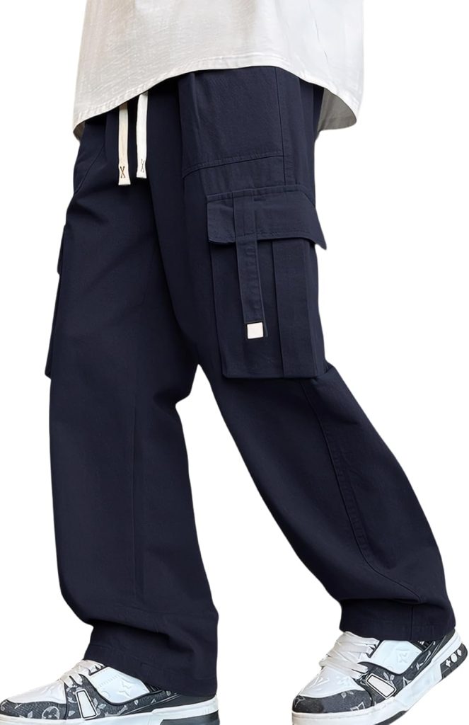 SEAUR Boys Baggy Cargo Pants Casual Loose Fit Cotton Fashion Drawstring Elastic Waist Joggers with Multi-Pockets Outdoor Children Trousers 7-16 Years
