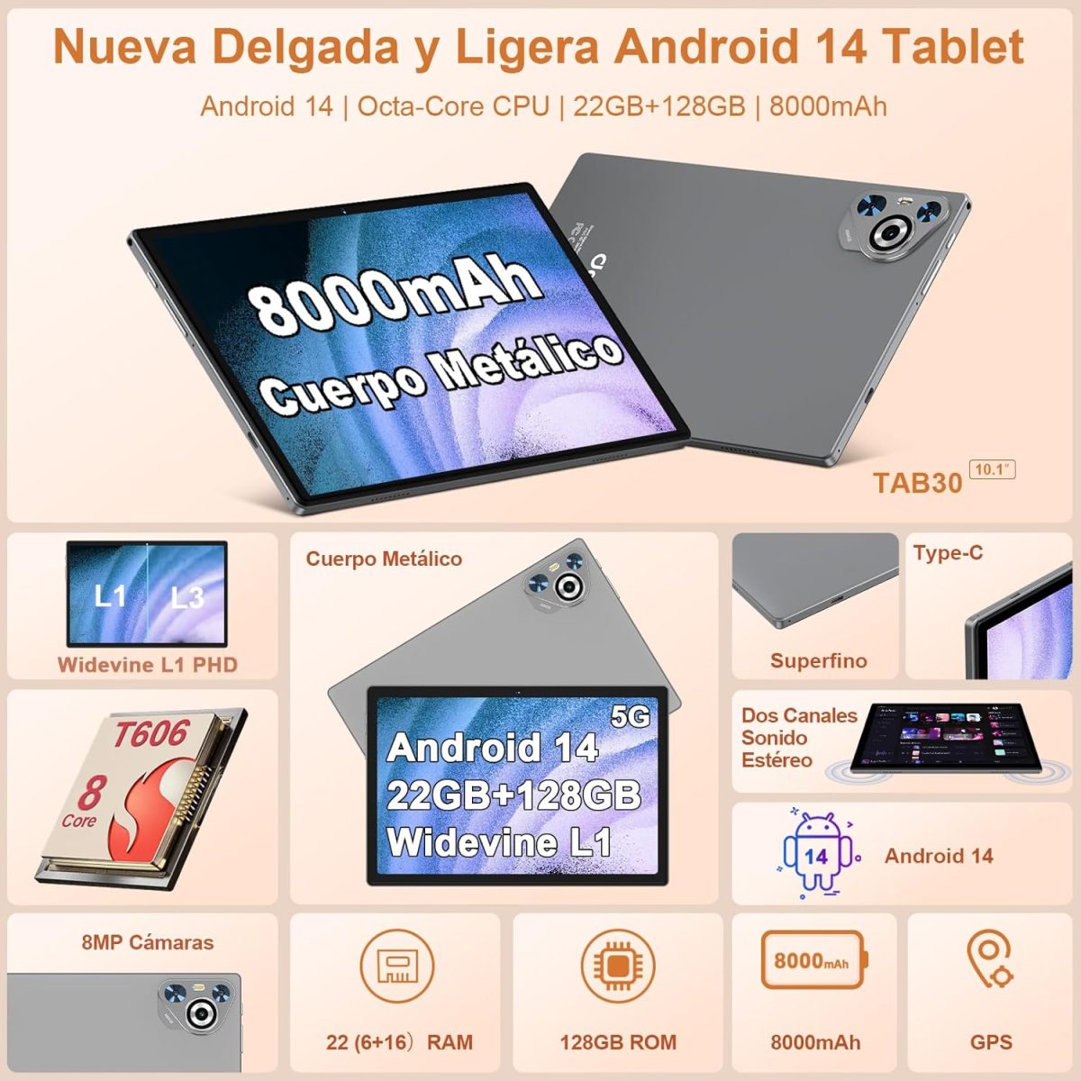 ⁦2025 Newest Android Tablet 14 Touch Tablet, 22(6+16)GB RAM+128GB ROM/TF 2TB, 8-Cores, 8000mAh, GPS, Face ID, Widevine L1, BT5.0, 8MP+5MP, WLAN 6, Parental Control, Tablet with Mouse-Grey⁩ - الصورة ⁦2⁩
