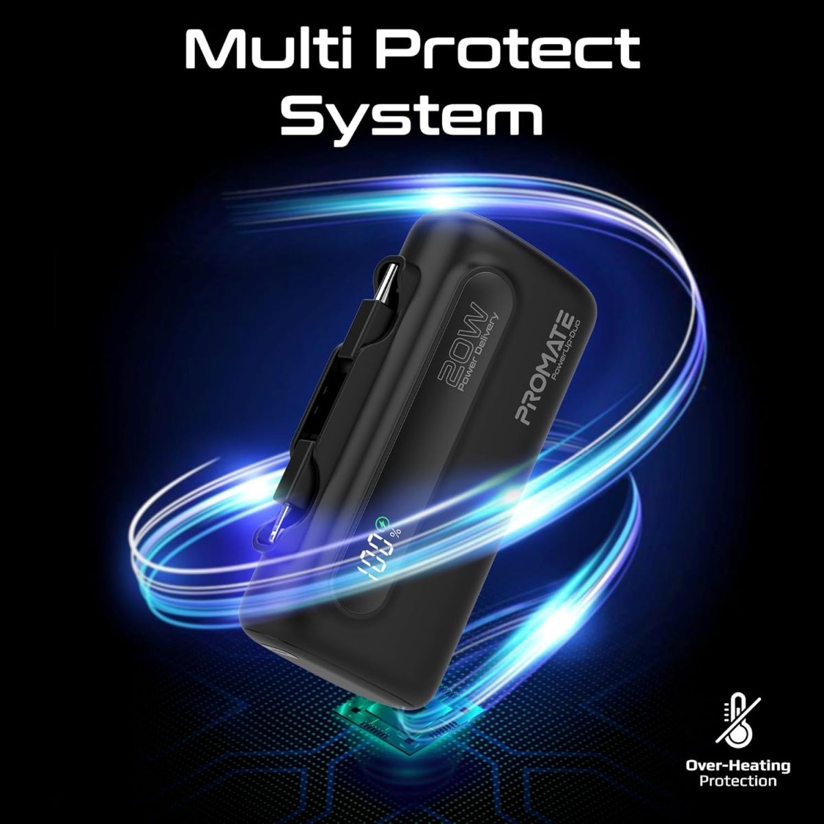⁦Promate Mini Power Bank, 5000mAh with 20W USB-C™ In/Out Foldable Connector, 12W Lightning Foldable Connector, LED Display, PowerUp-Duo (Black)⁩ - الصورة ⁦6⁩