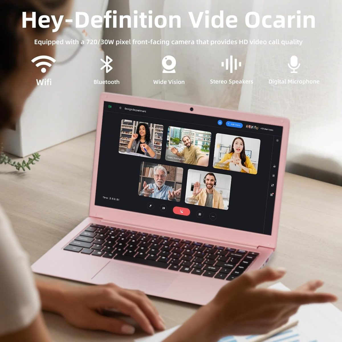 ⁦PONKLOIE Laptop Computer, 14" Windows Laptops 8GB RAM DDR4 128GB SSD Storage, Pink Laptop Celeron N4000 Processors, HD Screen Display Windows 11 for School Students Business (Pink-14“-Z141)⁩ - الصورة ⁦3⁩