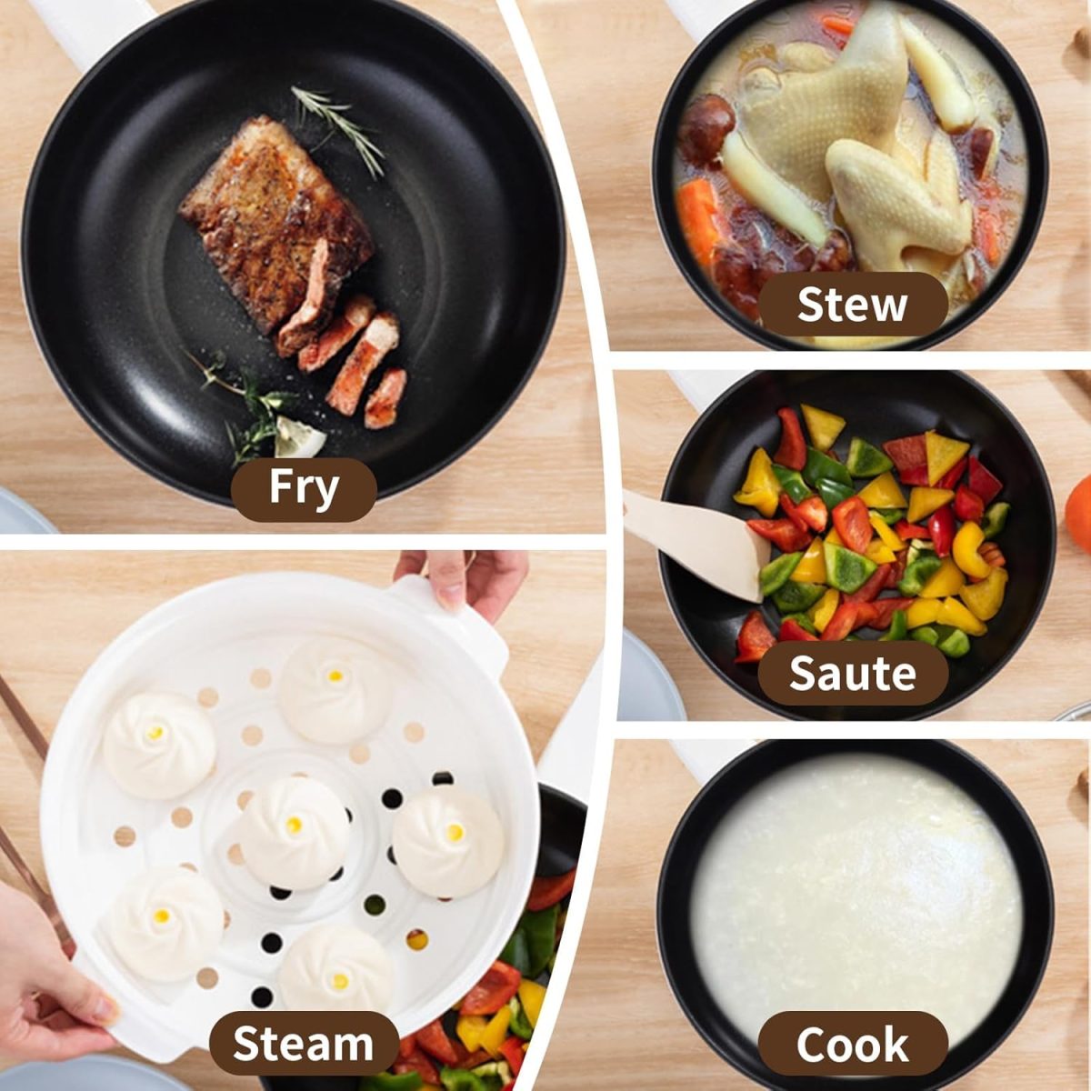 ⁦YESMAX Electric Cooker 3 Litre Hot Pot with Steamer, Non-Stick Frying Pan, Portable Travel Cooker for Ramen/Steak/Fried Rice/Oatmeal/Soup⁩ - الصورة ⁦3⁩
