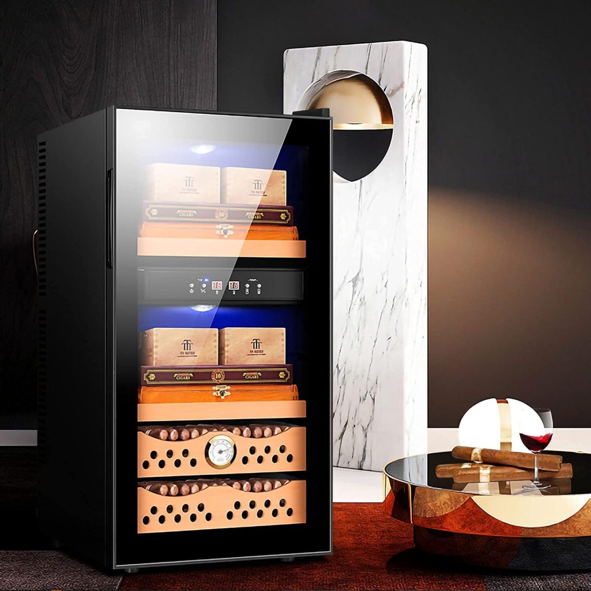 ⁦Freestanding cigar humidor Cigar Cooler/Cabinet Black Cigar Humidor Front Glass Door Counter Quiet Operation Compressor Adjust Temperature Wauyan⁩ - الصورة ⁦2⁩